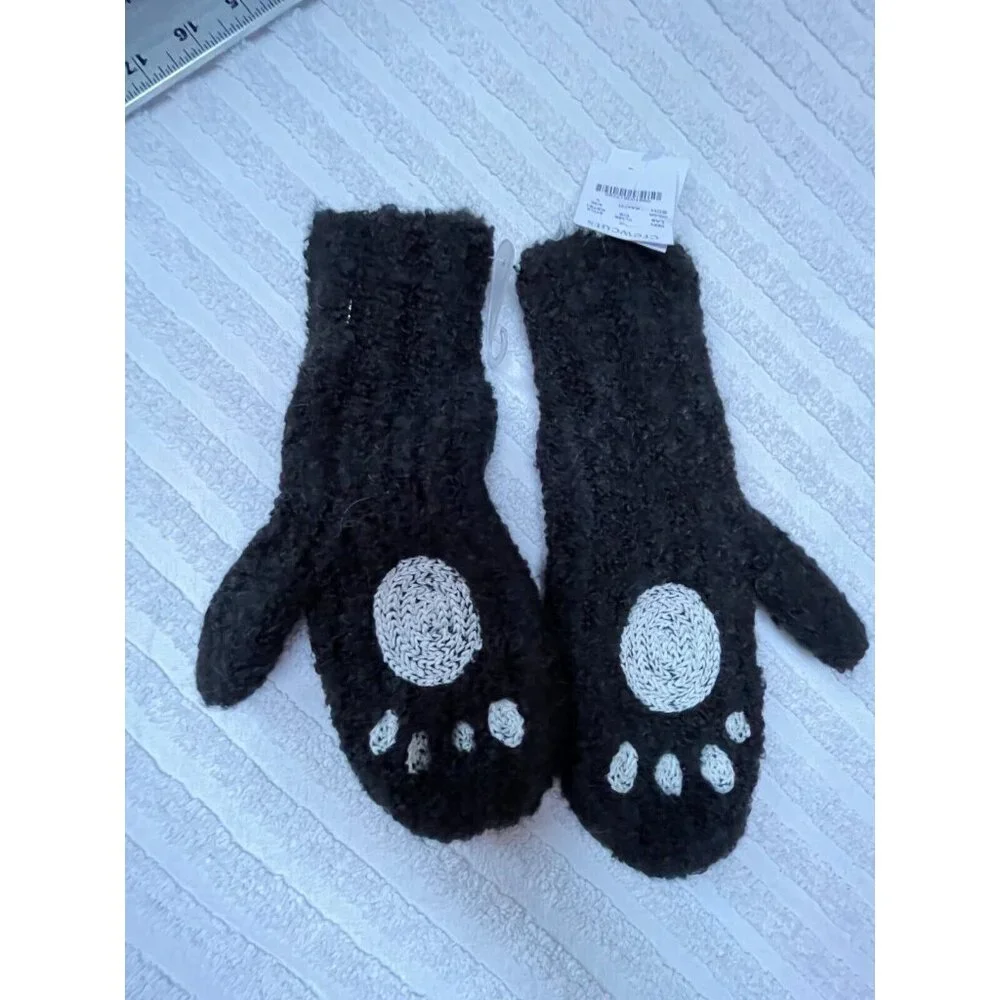 New Crewcuts Boy's Large Winter Fleece Mittens Embroidered Panda Paw Black